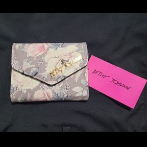 NWT Betsey Johnson wallet gray floral, tri fold, 6 pocket